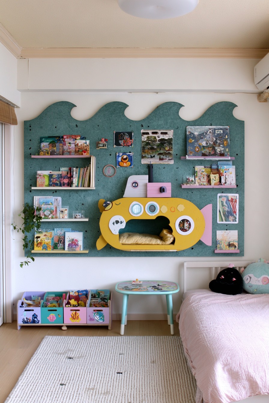Wave edged teal display panel with book shelves and a yellow submarine shaped cushioned opening