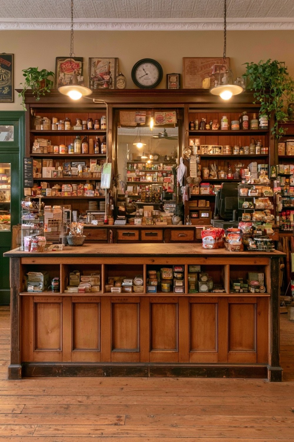 Long wooden checkout counter with integrated retail display compartments