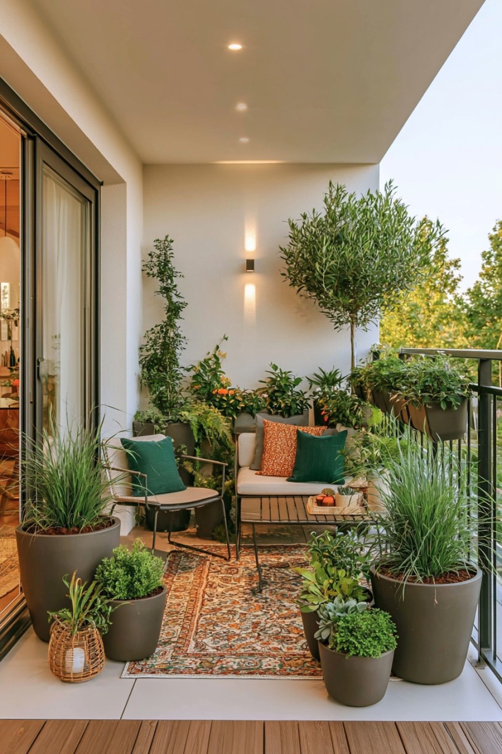 Organized balcony garden using repeated geometric planters