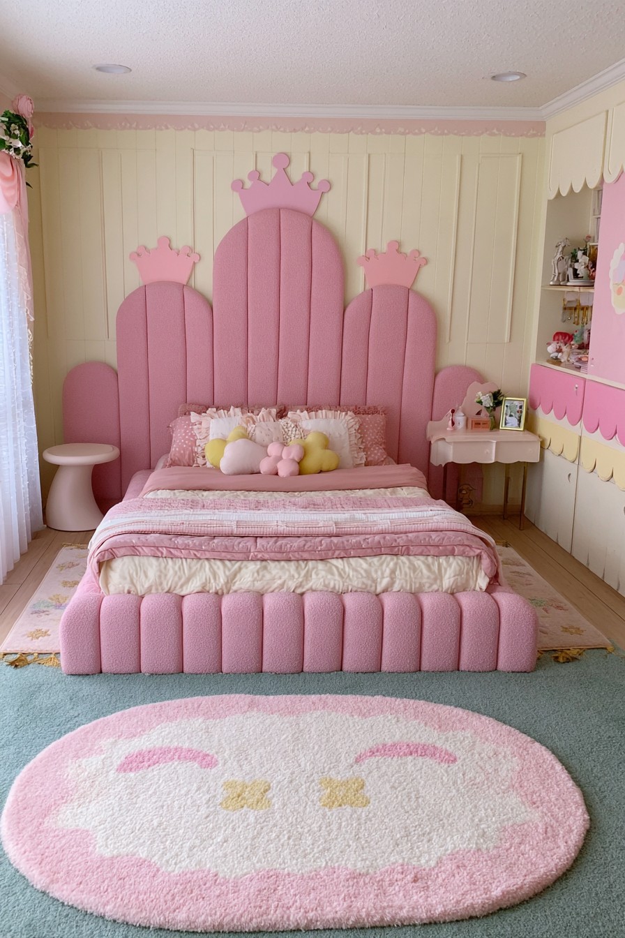 Blush princess bedroom with crown shaped upholstered headboard