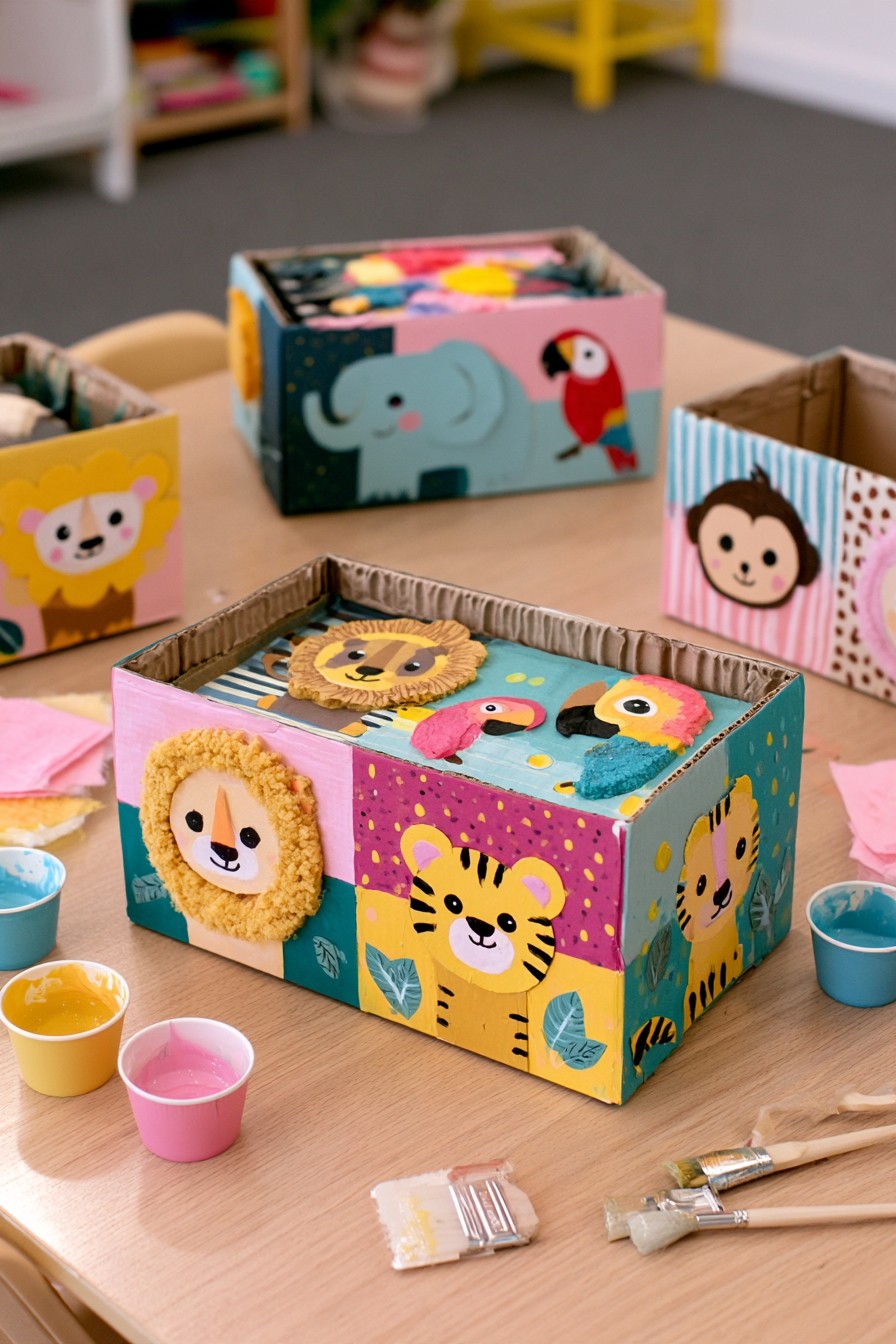 Open cardboard storage box decorated with separate animal portrait panels