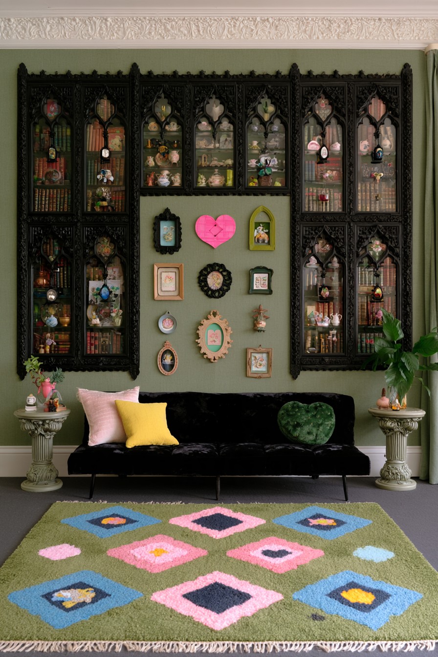 Black Gothic glass front display cabinets surrounding small wall art above a black sofa against sage green