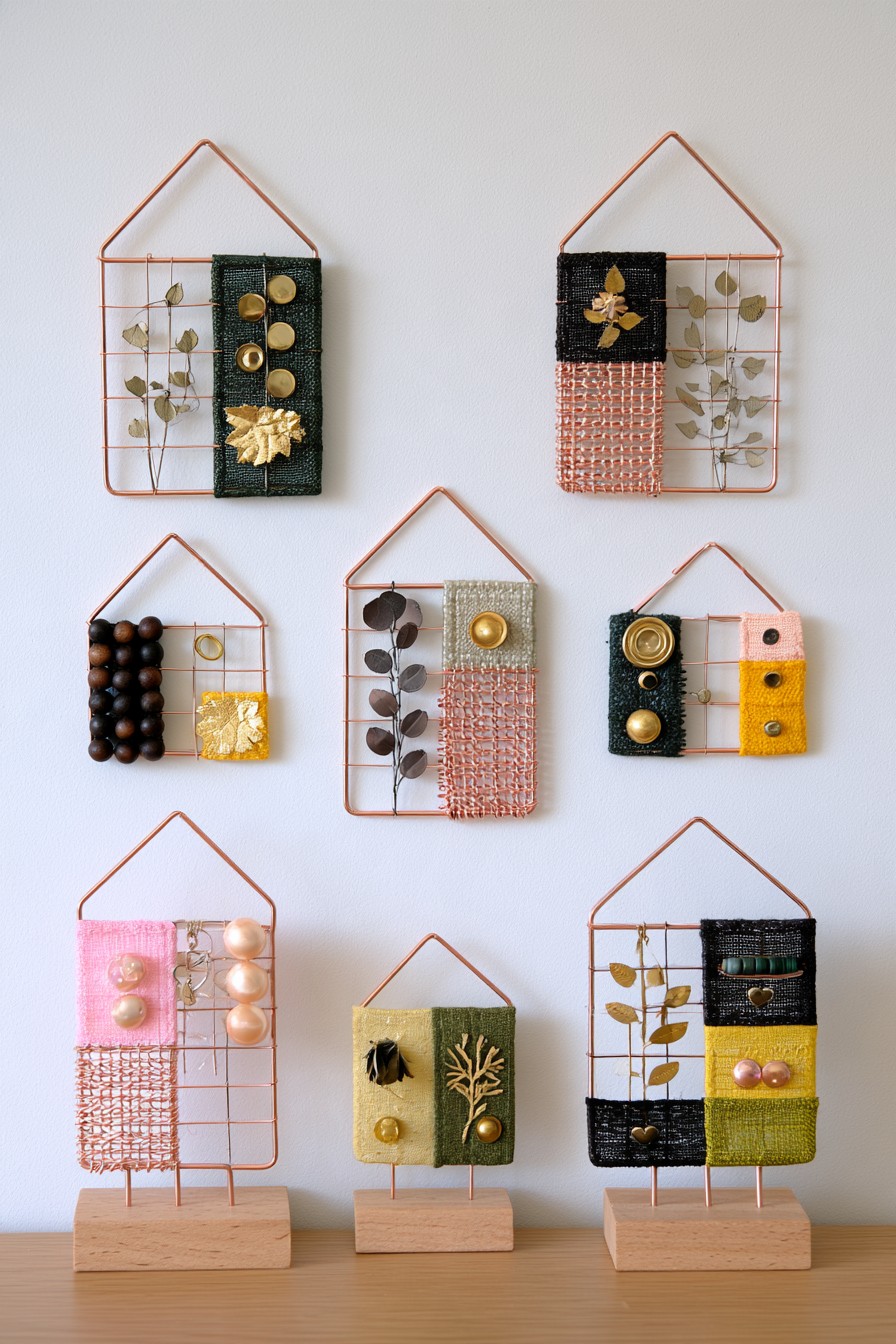 Mini copper wire grid houses decorated with fabric beads and metal accents