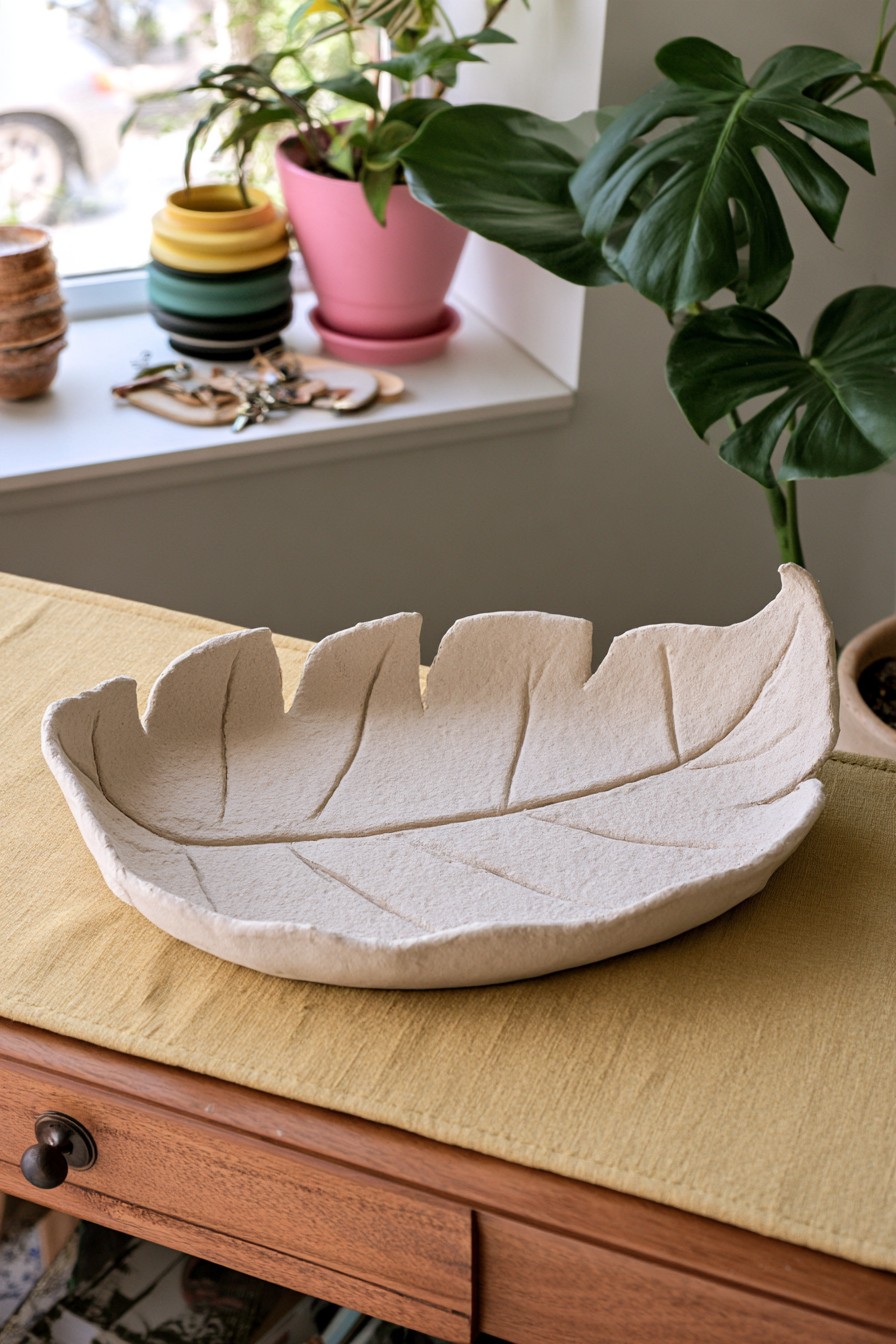 Leaf shaped air dry clay catchall tray with carved veins