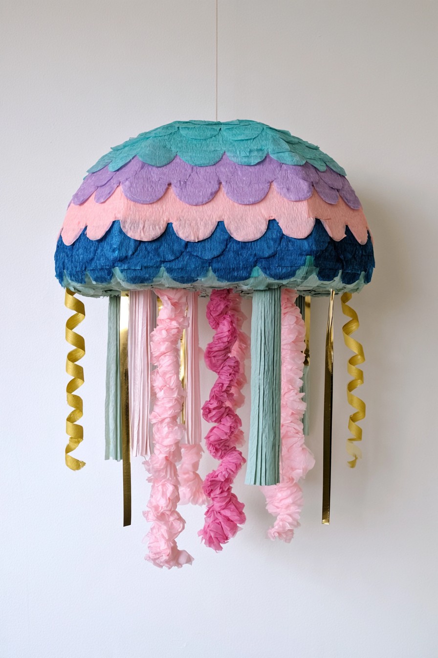 Jellyfish piñata with scalloped paper layers and hanging tentacles