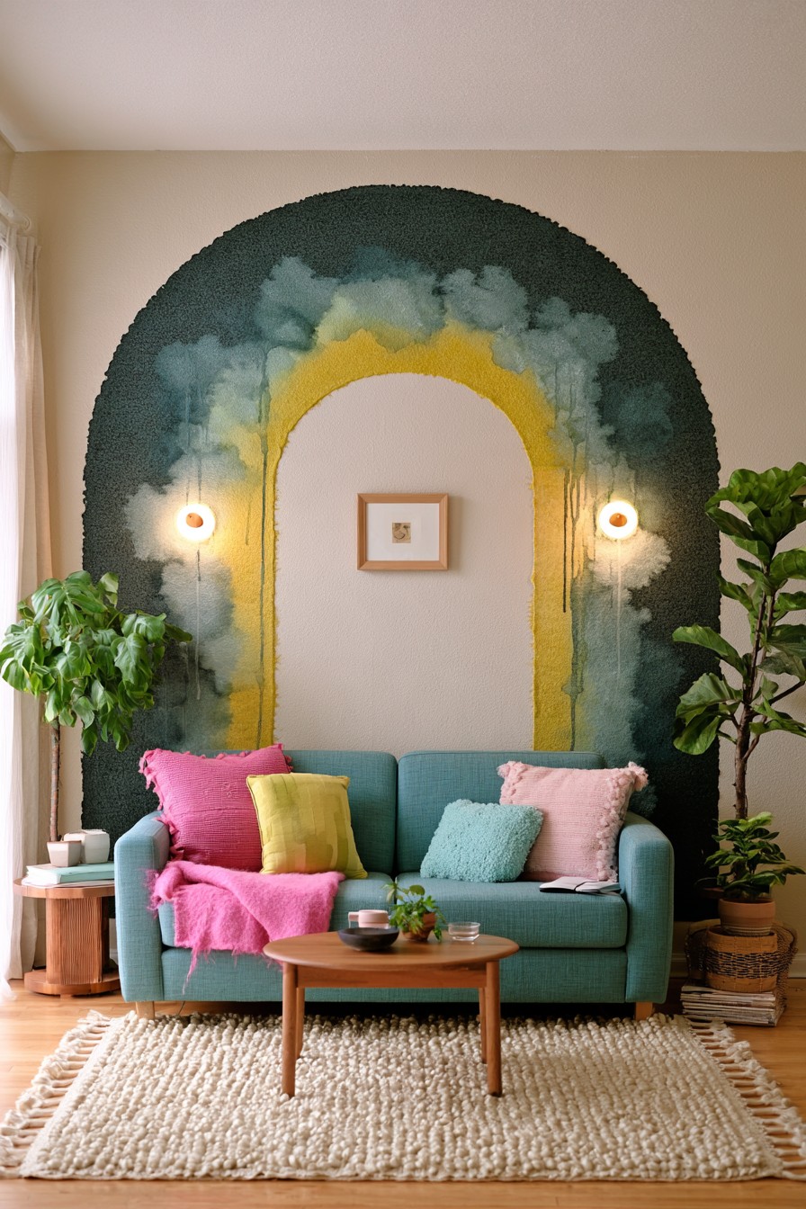 Green mustard and blue painted arch mural framing a sofa