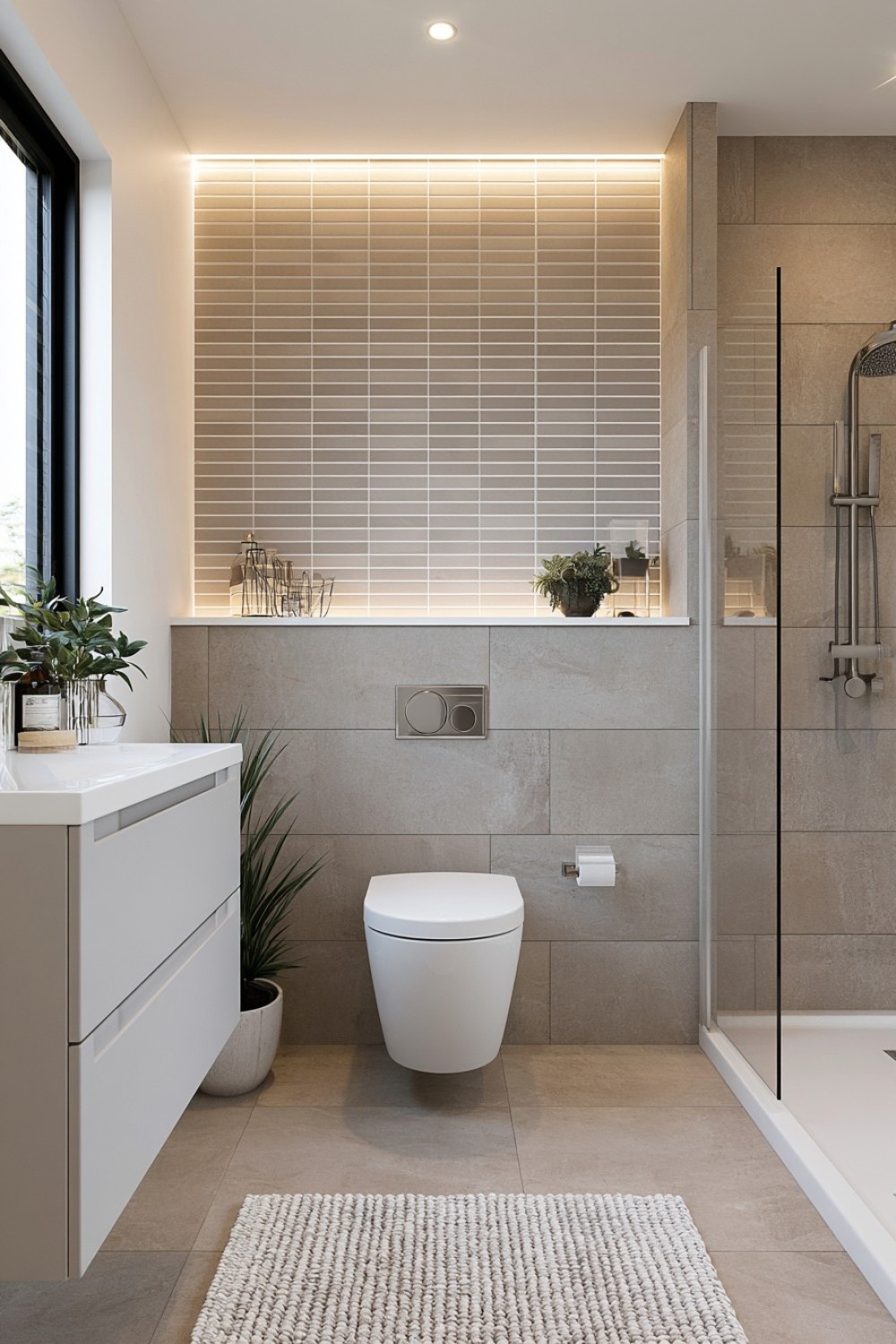 Small bathroom remodeled with a wall-mounted toilet