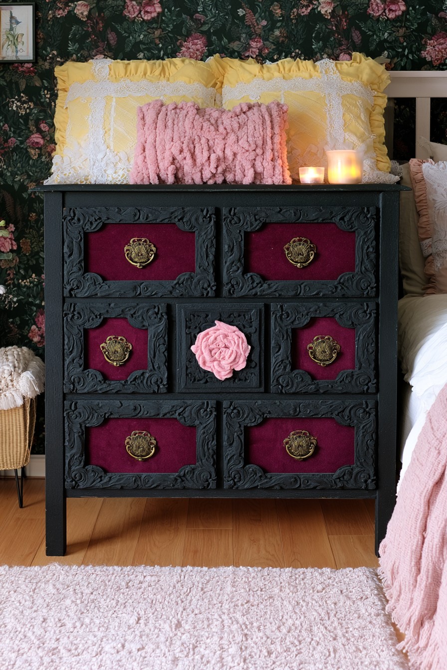 Burgundy velvet drawer fronts with carved black frames