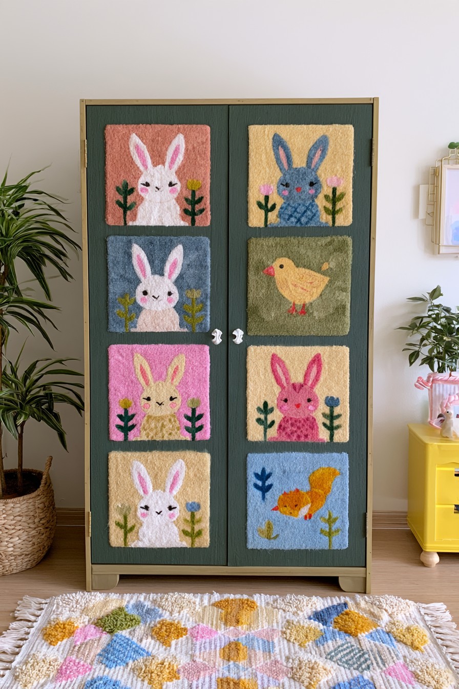 Forest green wardrobe with textured rabbit bird and squirrel art panels