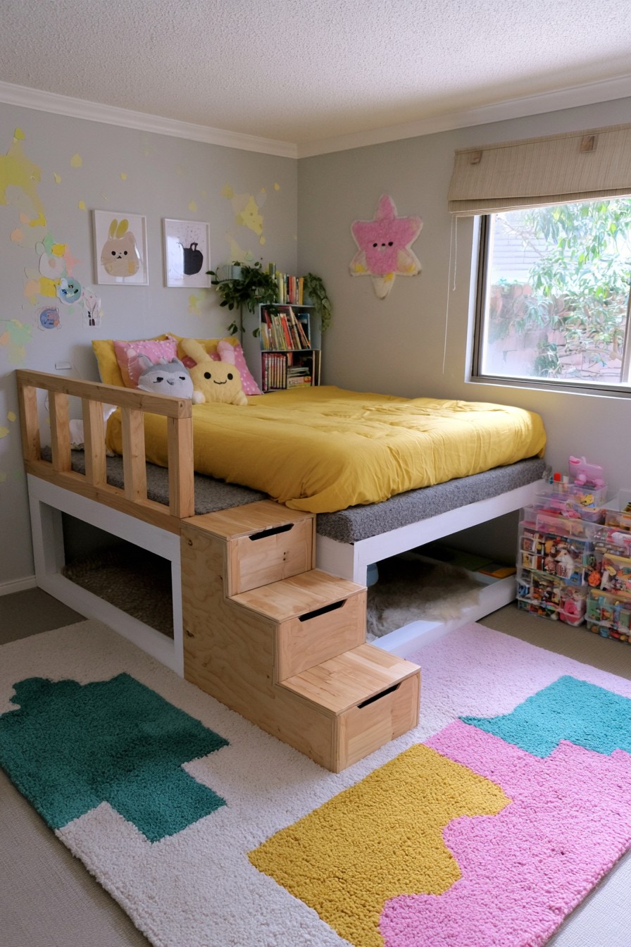 Raised bed with yellow bedding, timber side steps with drawer fronts, and an open space underneath