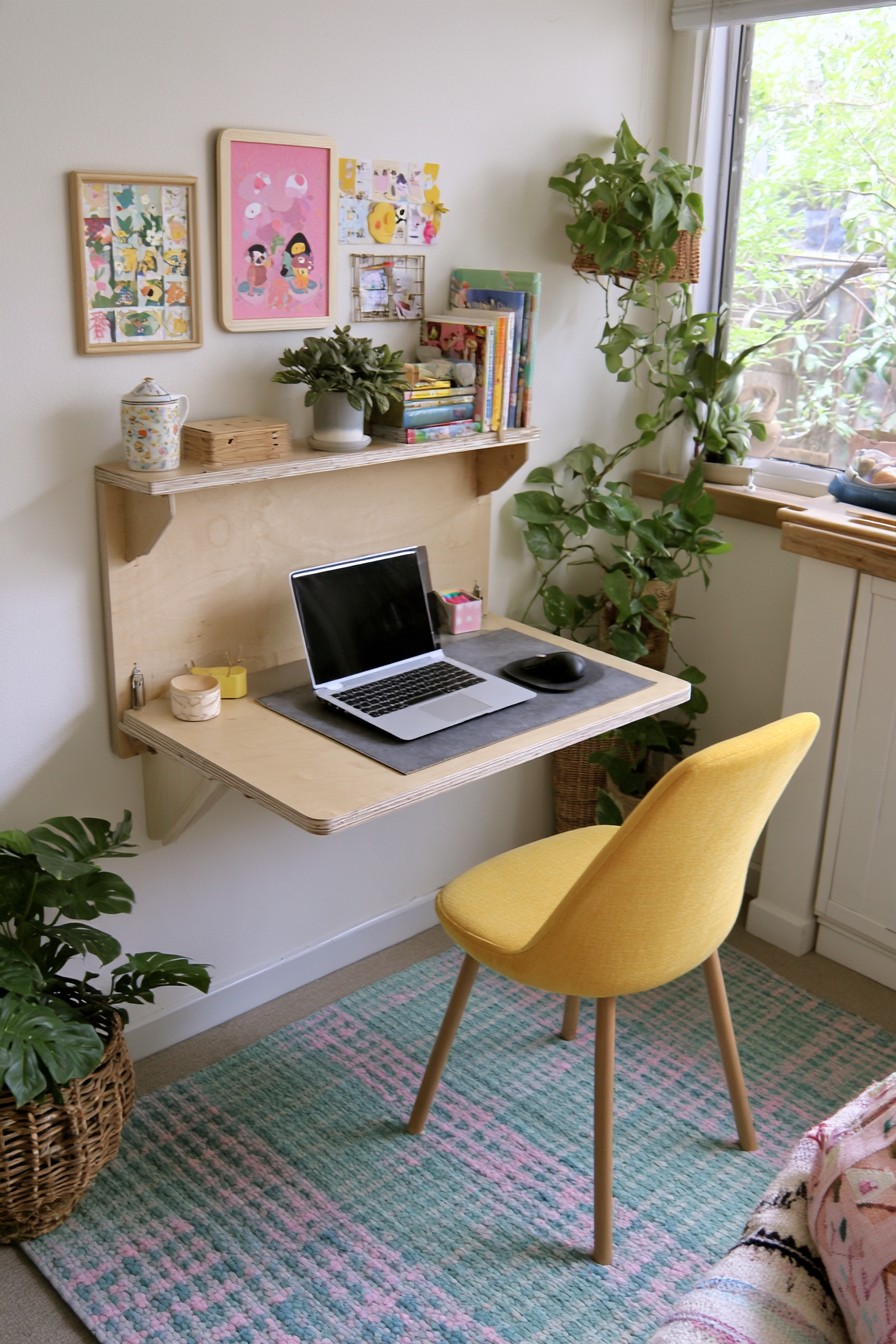 Wall mounted plywood desk with integrated display shelf