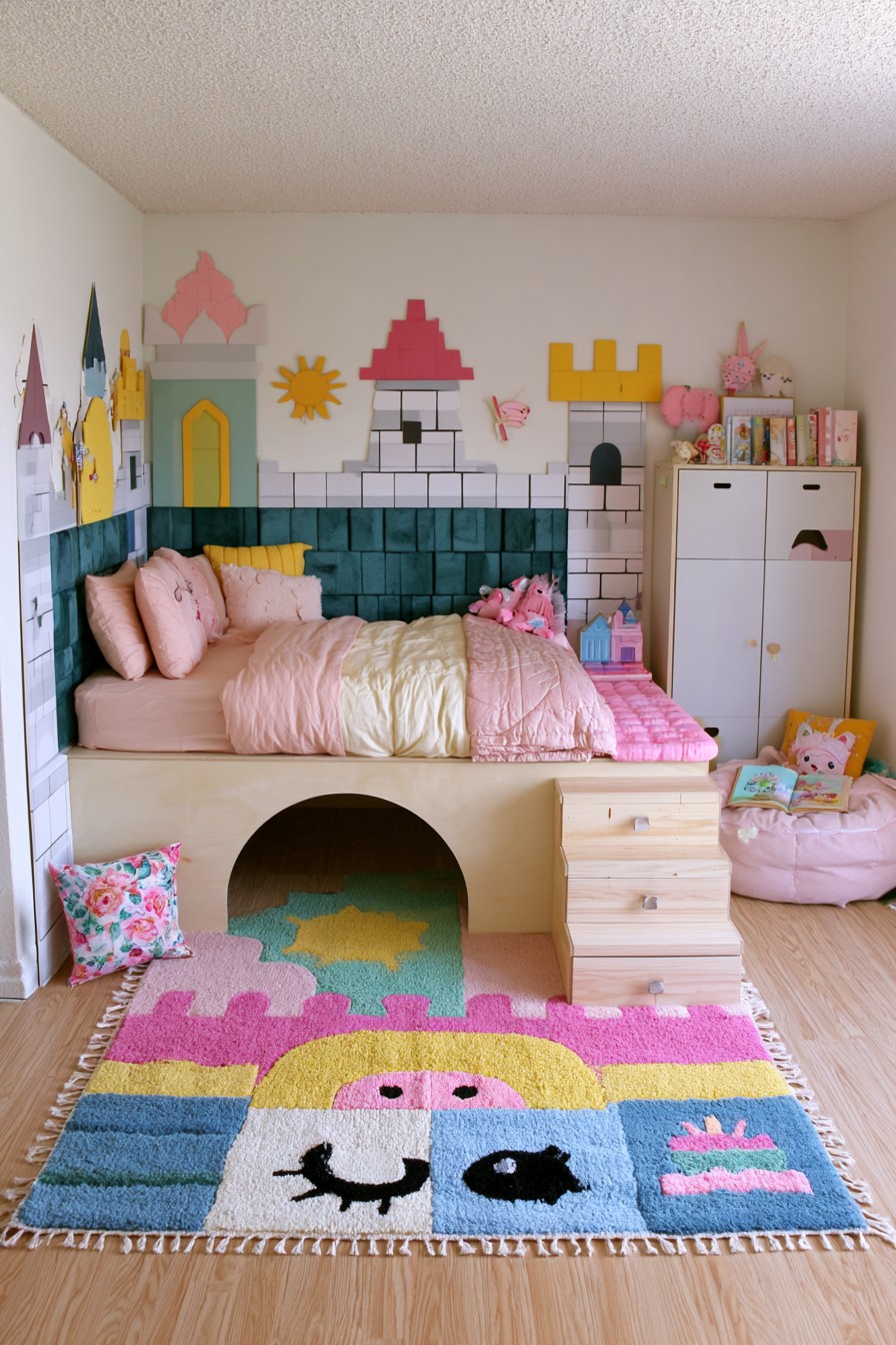 Castle themed bedroom with pastel wall towers, a raised bed, side steps, and a low arched nook