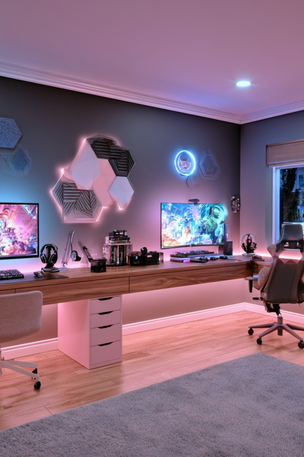 Two coordinated gaming stations arranged along one long desk
