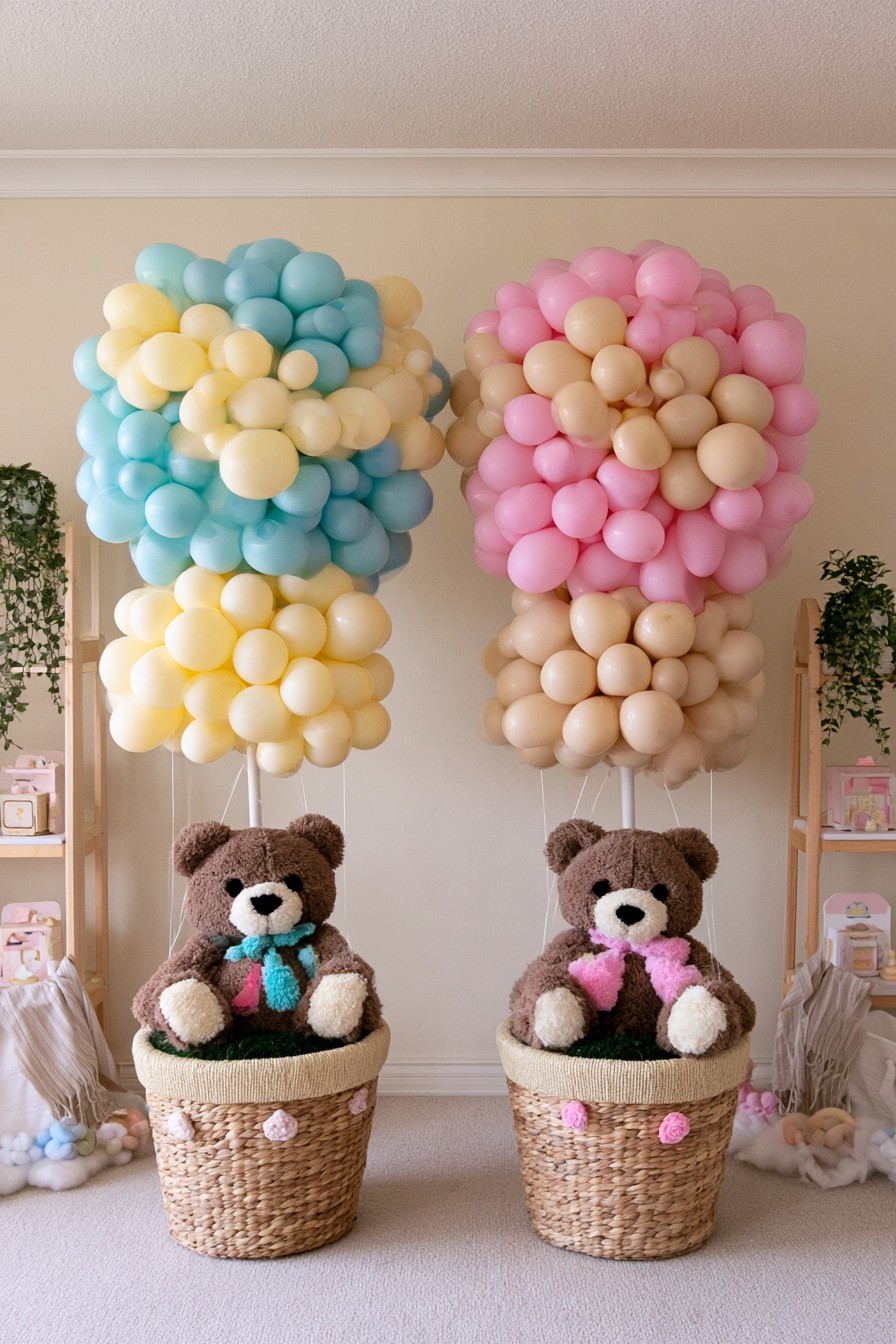 Teddy bear balloon basket gender reveal display in pink blue cream and beige