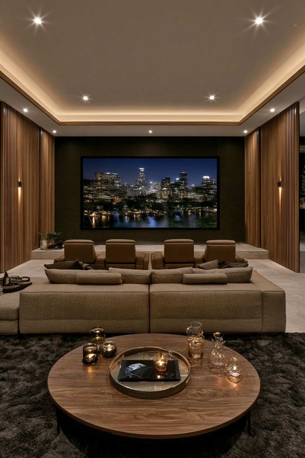 Warm timber slats installed along basement home theater walls