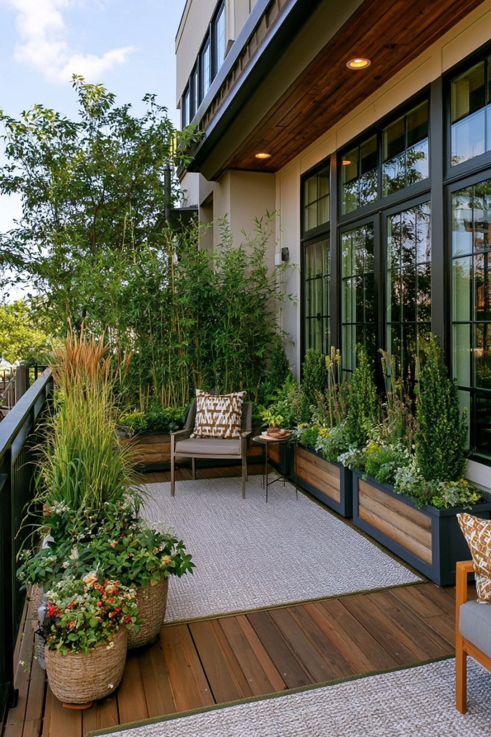 Tall narrow balcony plants forming a green privacy border