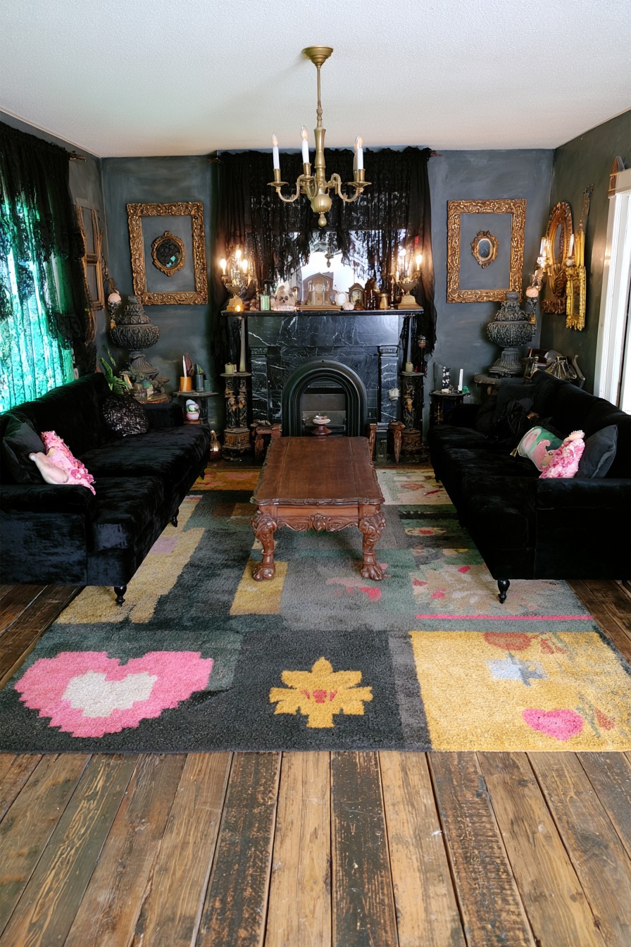 Facing black sofas and a carved brown table in a smoky blue room with black lace drapery and gilt frames