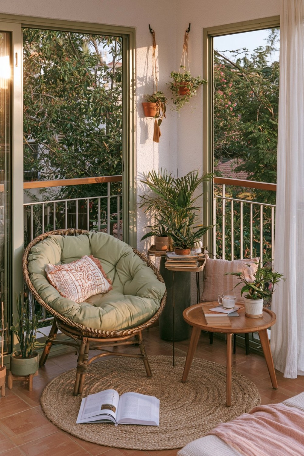 Apartment balcony reading nook with a freestanding cocoon chair