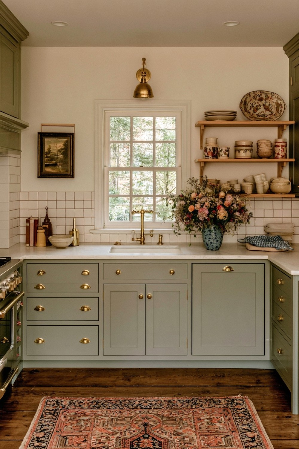 Traditional knobs and cup pulls on painted cottage cabinets