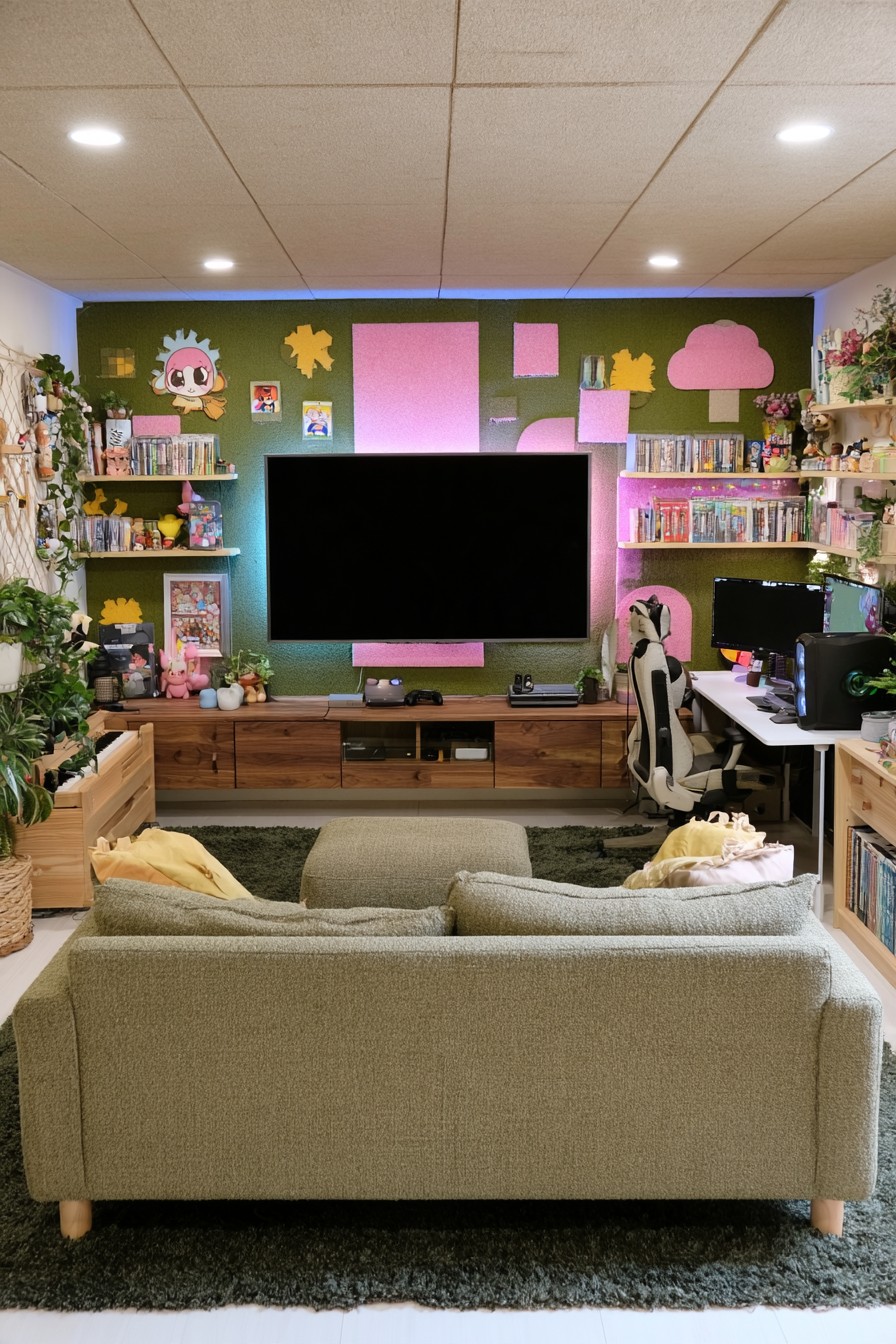 Olive media wall with pink geometric accents, timber storage, game shelves, a side PC station, and pale sofa