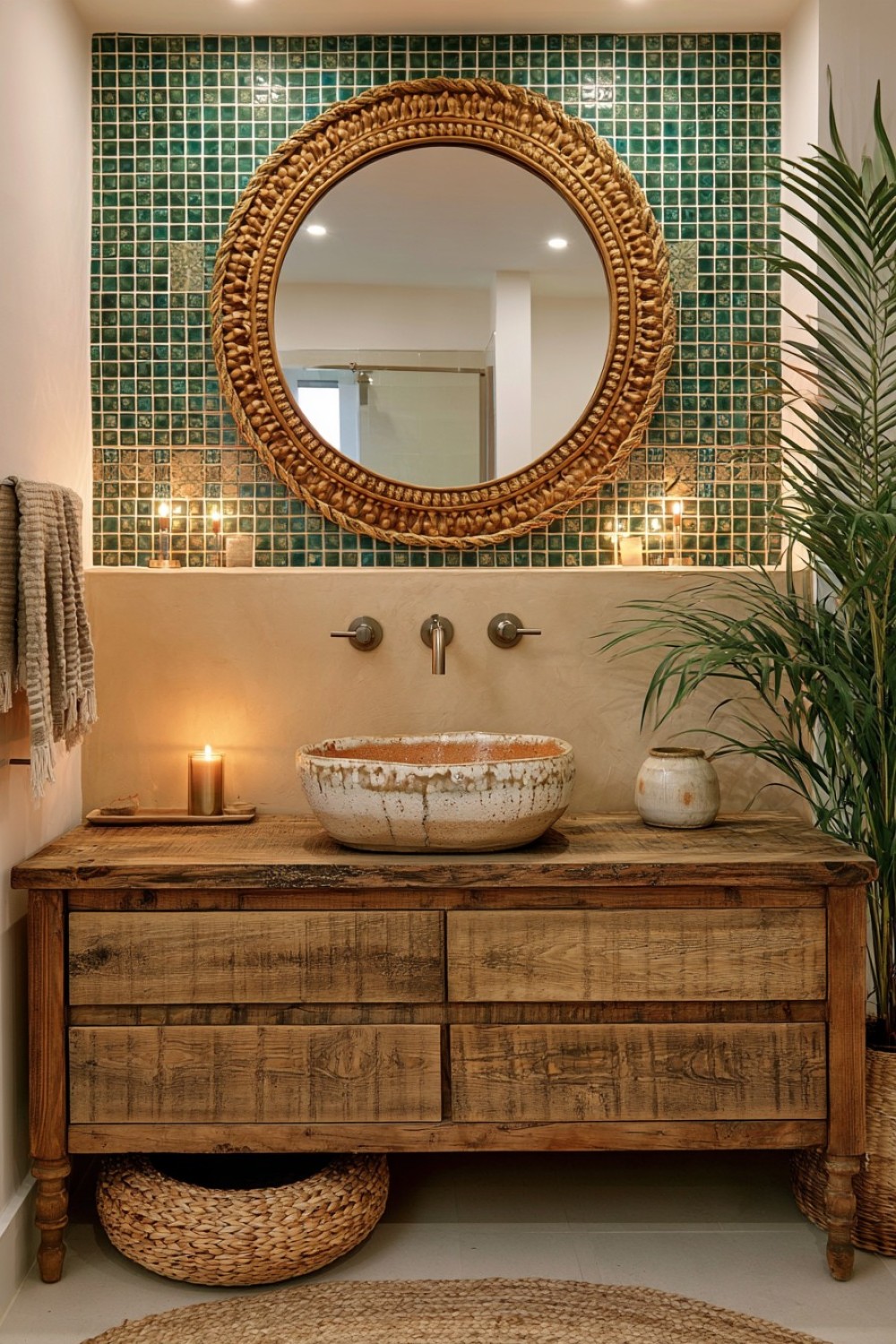Boho bathroom designed around a handmade decorative clay sink