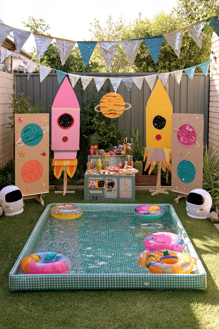 Space-themed pool with rocket panels, planet decorations, and a mission-control backdrop