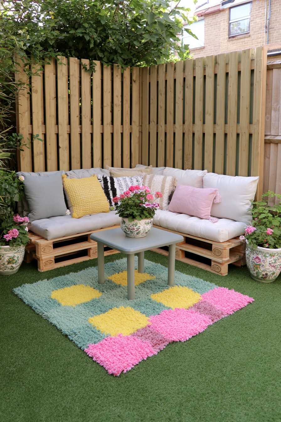 Pallet seating positioned against a timber privacy screen