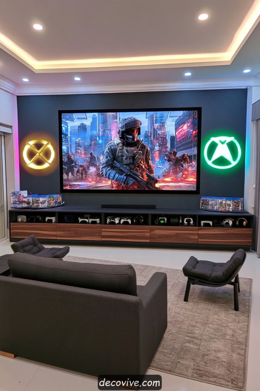 Console gaming room with a cinematic extra-wide display wall