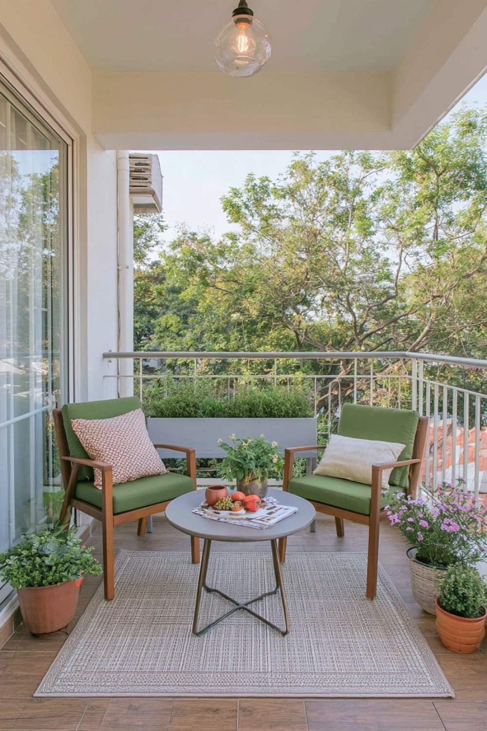 Small balcony arranged as an intimate two-seat café corner