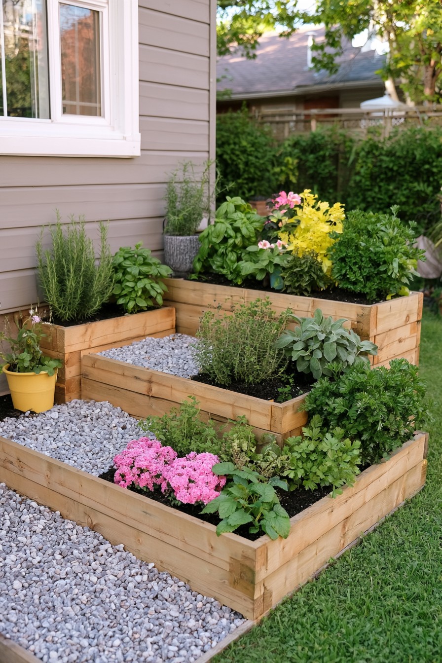 Tiered wooden raised garden for growing herbs
