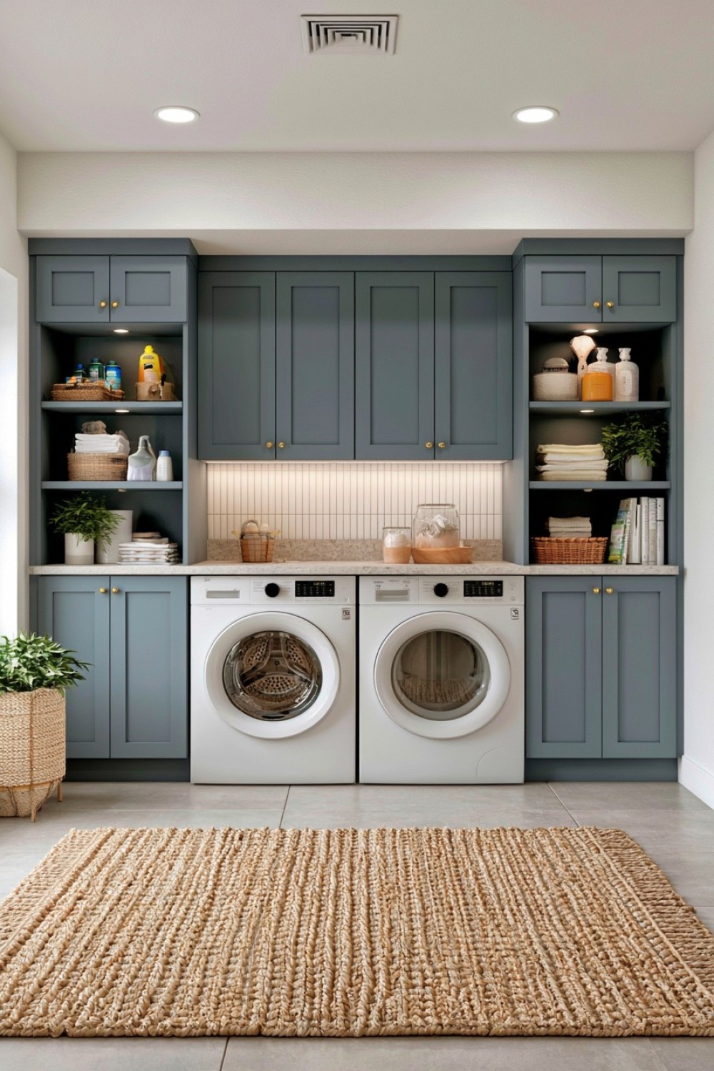 Basement laundry machines framed by tall storage cabinets