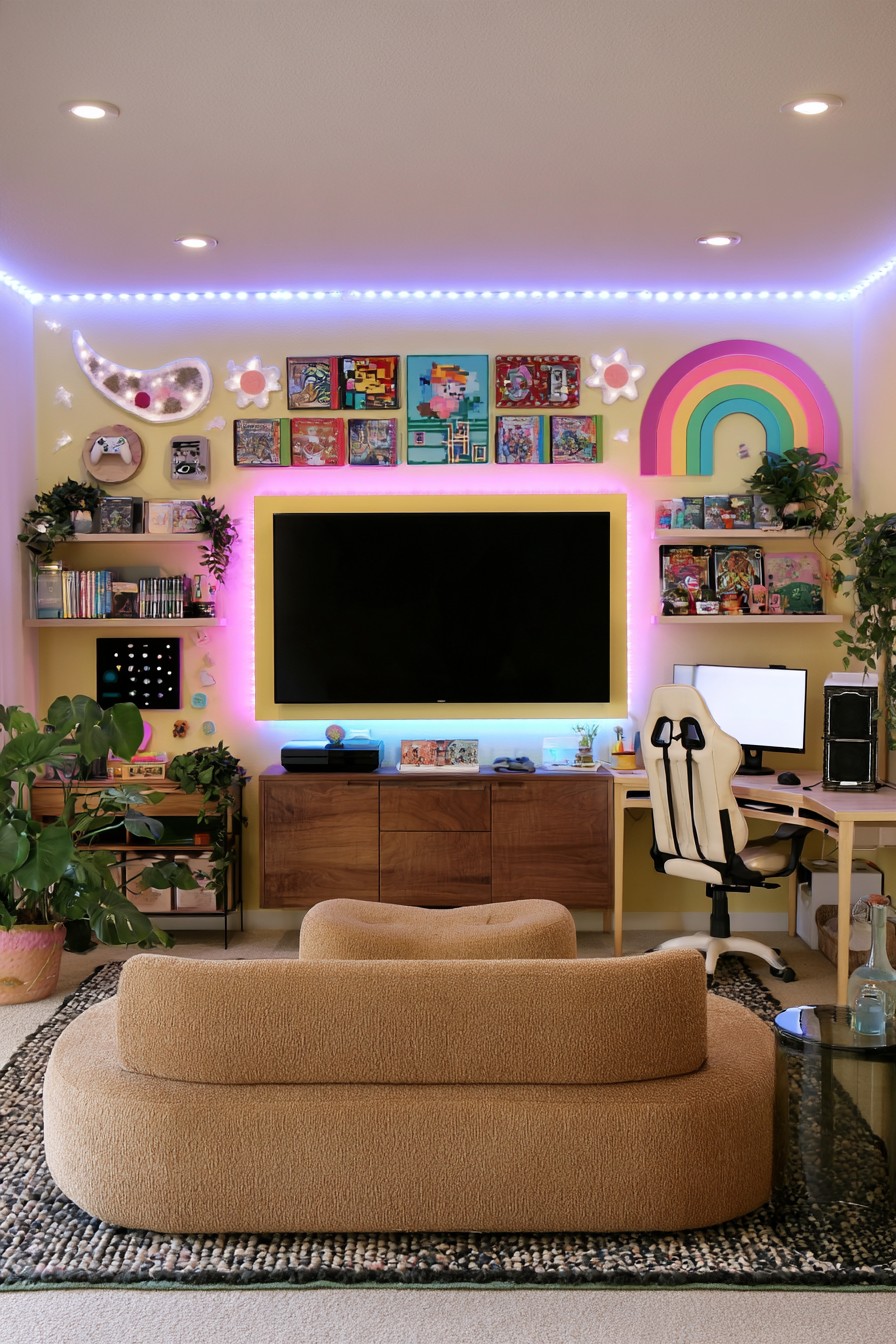 Warm timber media cabinet beneath a yellow television border and rainbow wall detail, with rounded tan sofa and PC desk