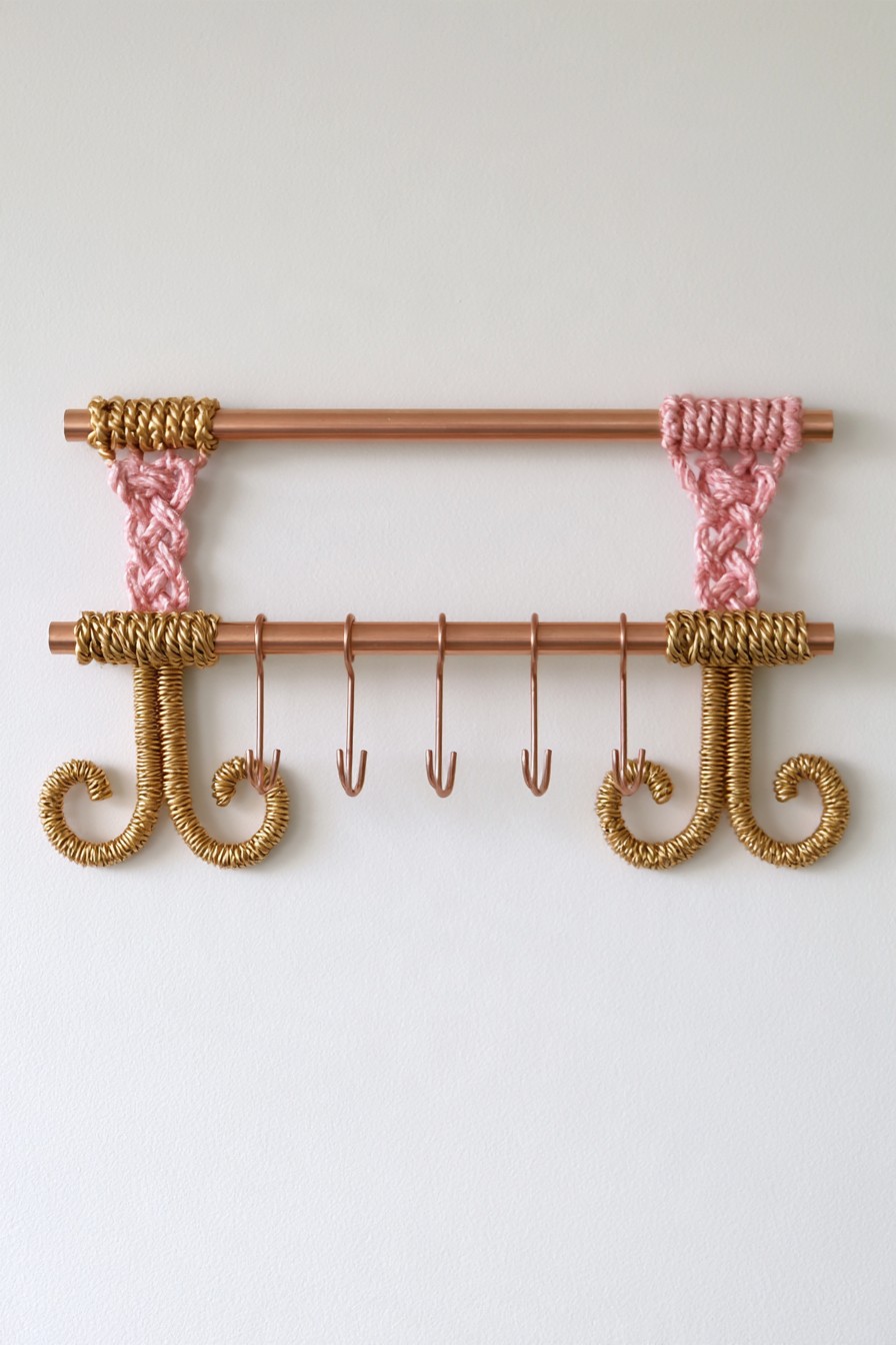 Copper wire wall organizer with decorative hooks and wrapped supports