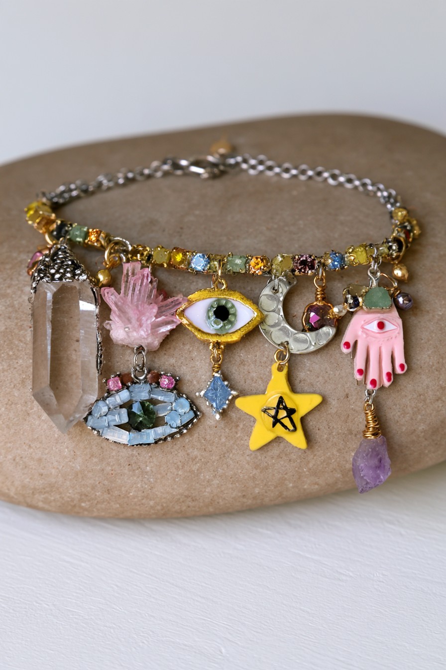 Symbolic charm bracelet with eye moon star and hand motifs and colored faceted drops
