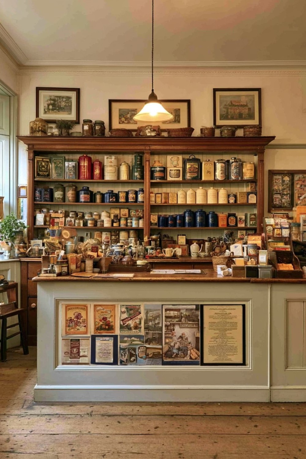 Vintage-style metal tins arranged on a general store display wall