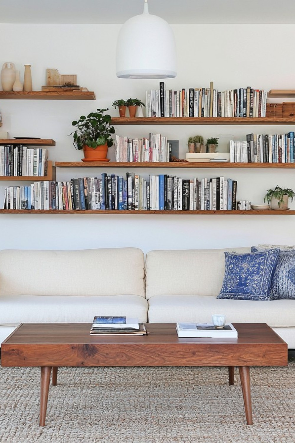 Modular living room shelving combining display space and closed storage