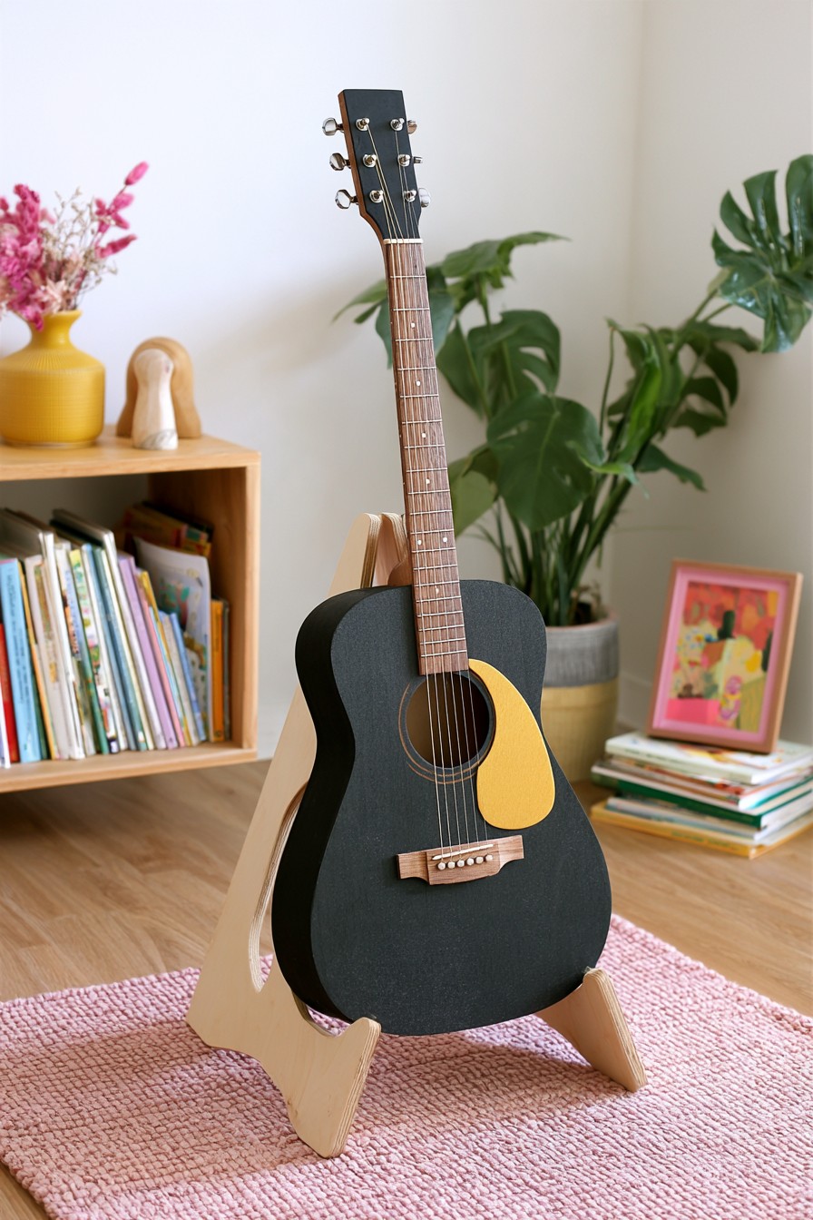 Freestanding wooden guitar stand with angled supports