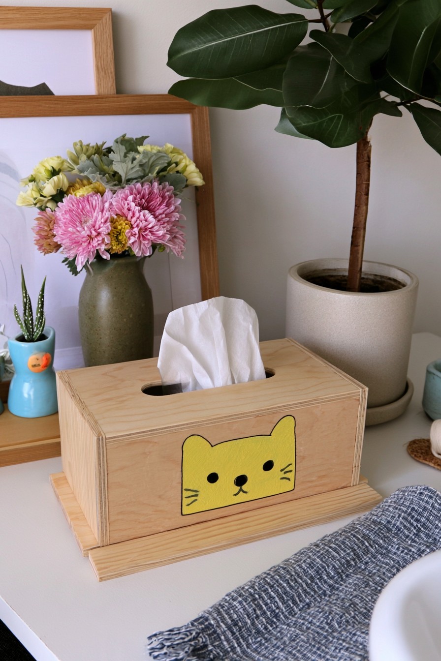 Wooden tissue box cover with a painted decorative detail