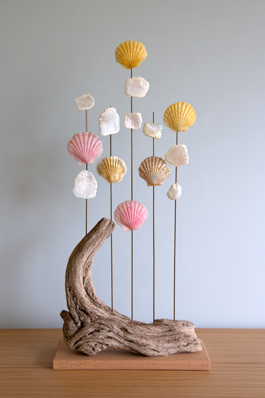 Handmade driftwood and seashell tabletop sculpture with slim metal rods