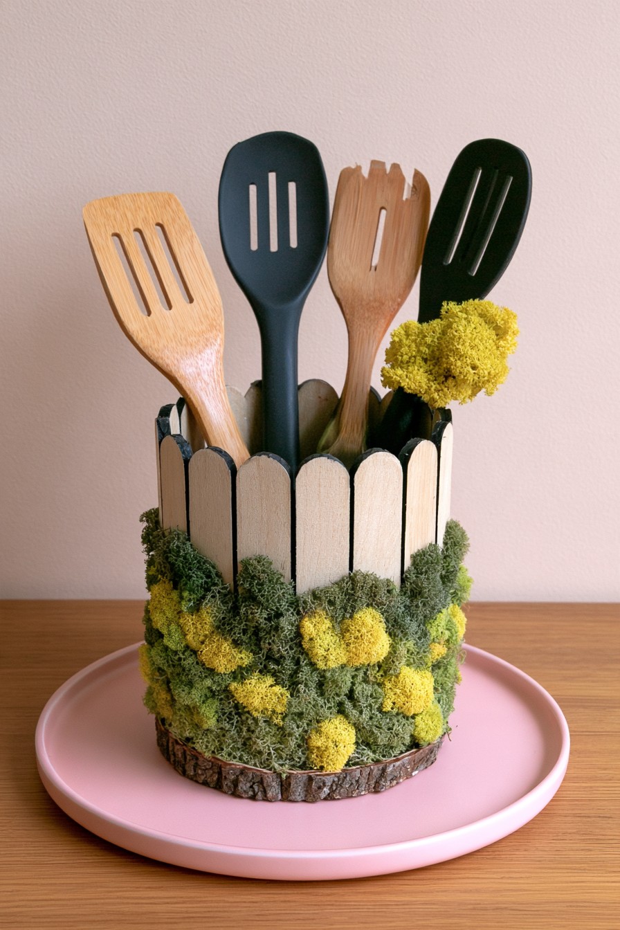 Kitchen utensil holder decorated with wood and preserved moss