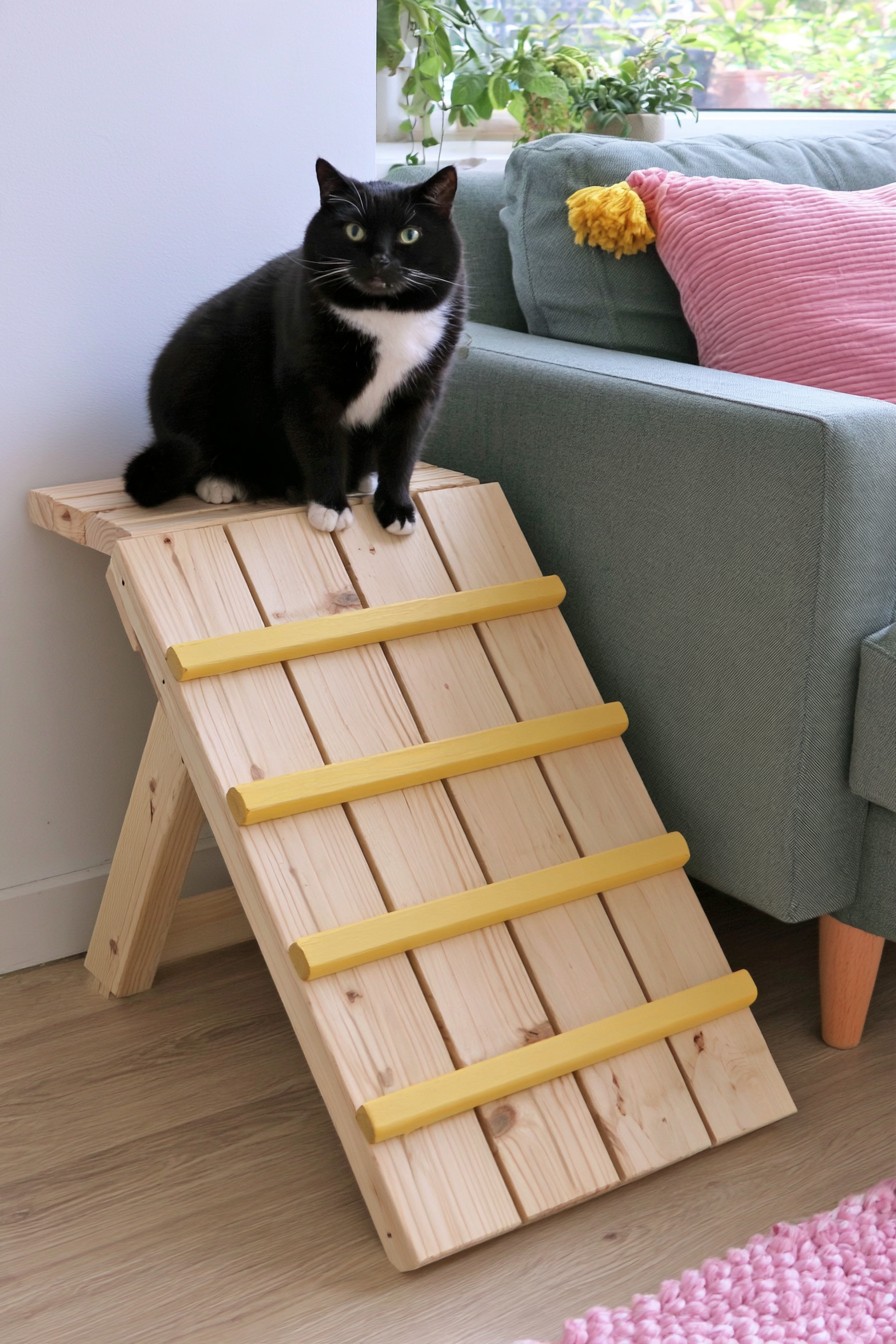 Wooden cat ramp with raised climbing steps