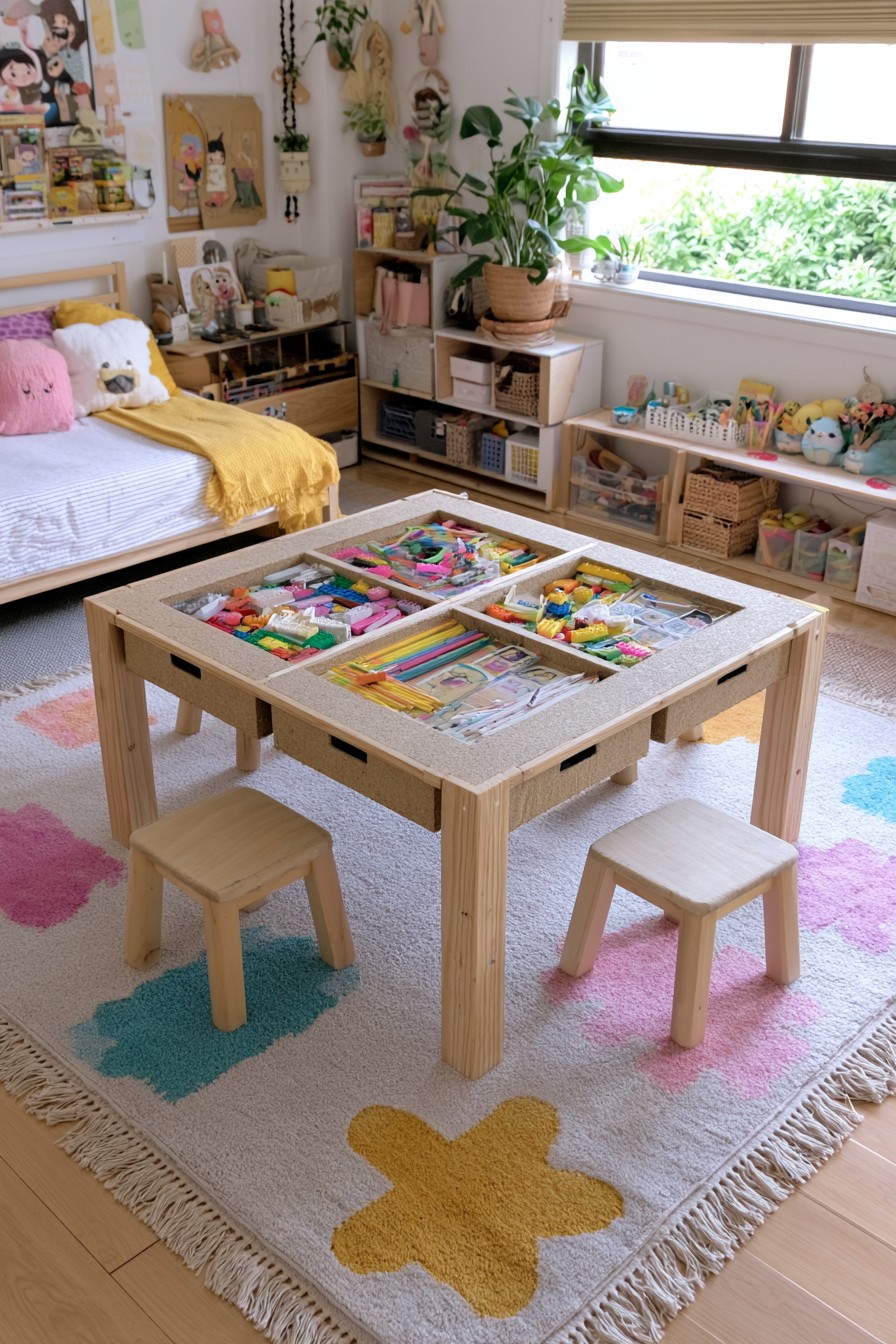 Square timber activity table with four recessed supply trays and two small stools