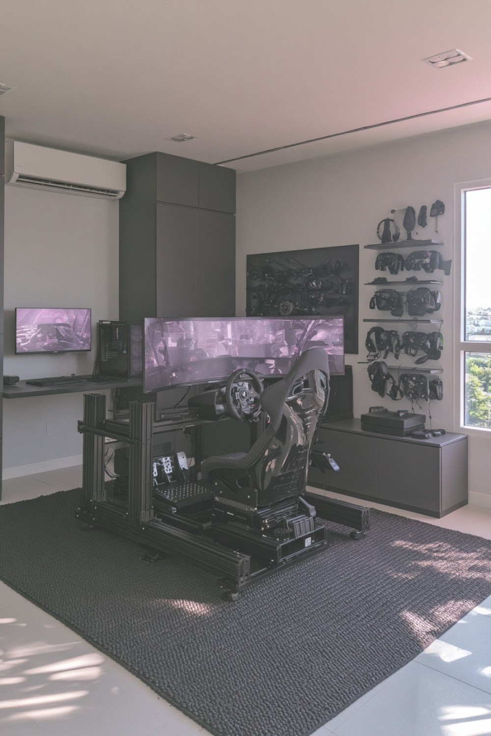 Dedicated racing simulator corner with organized equipment storage