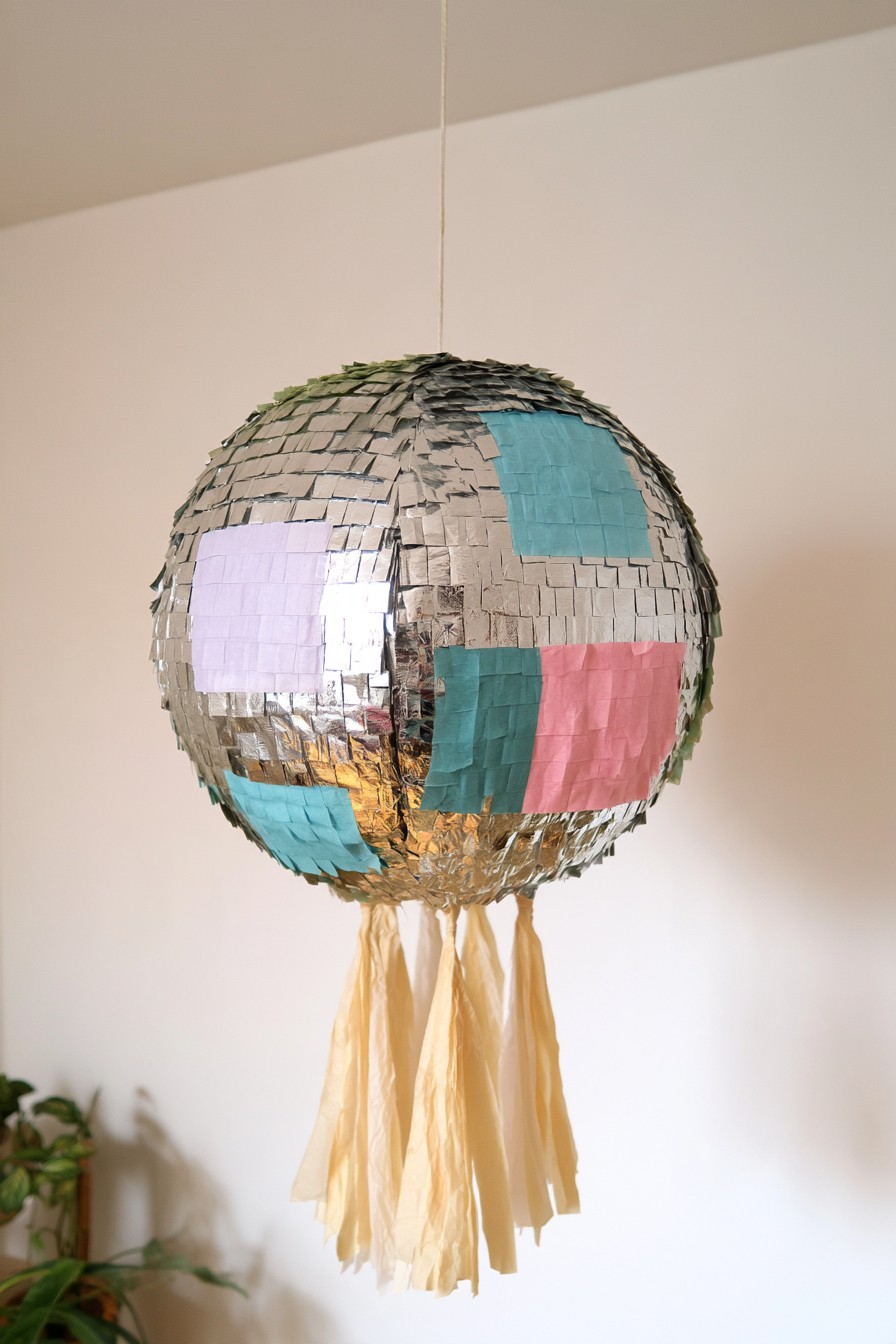 Silver disco ball piñata with pastel accents and tissue tassels