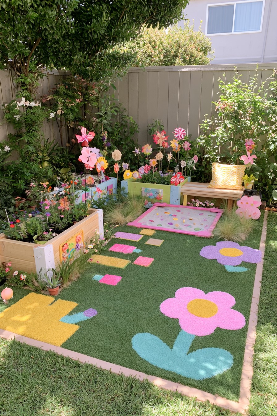 Sensory garden play corner with accessible raised planting beds