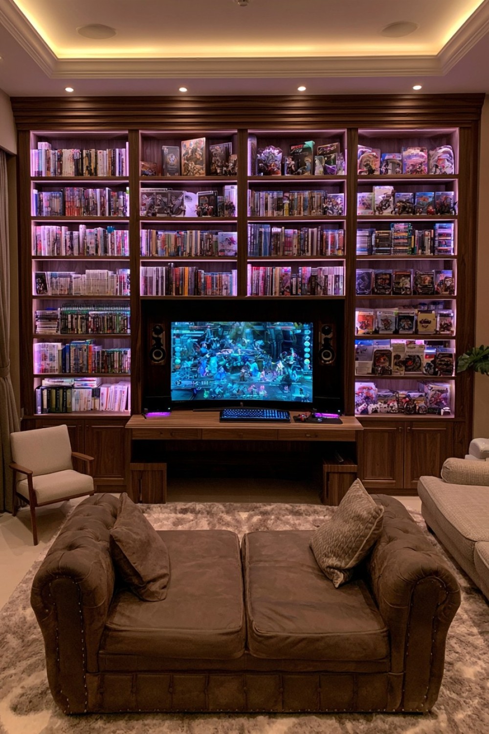 Gaming library with integrated shelves and organized media storage