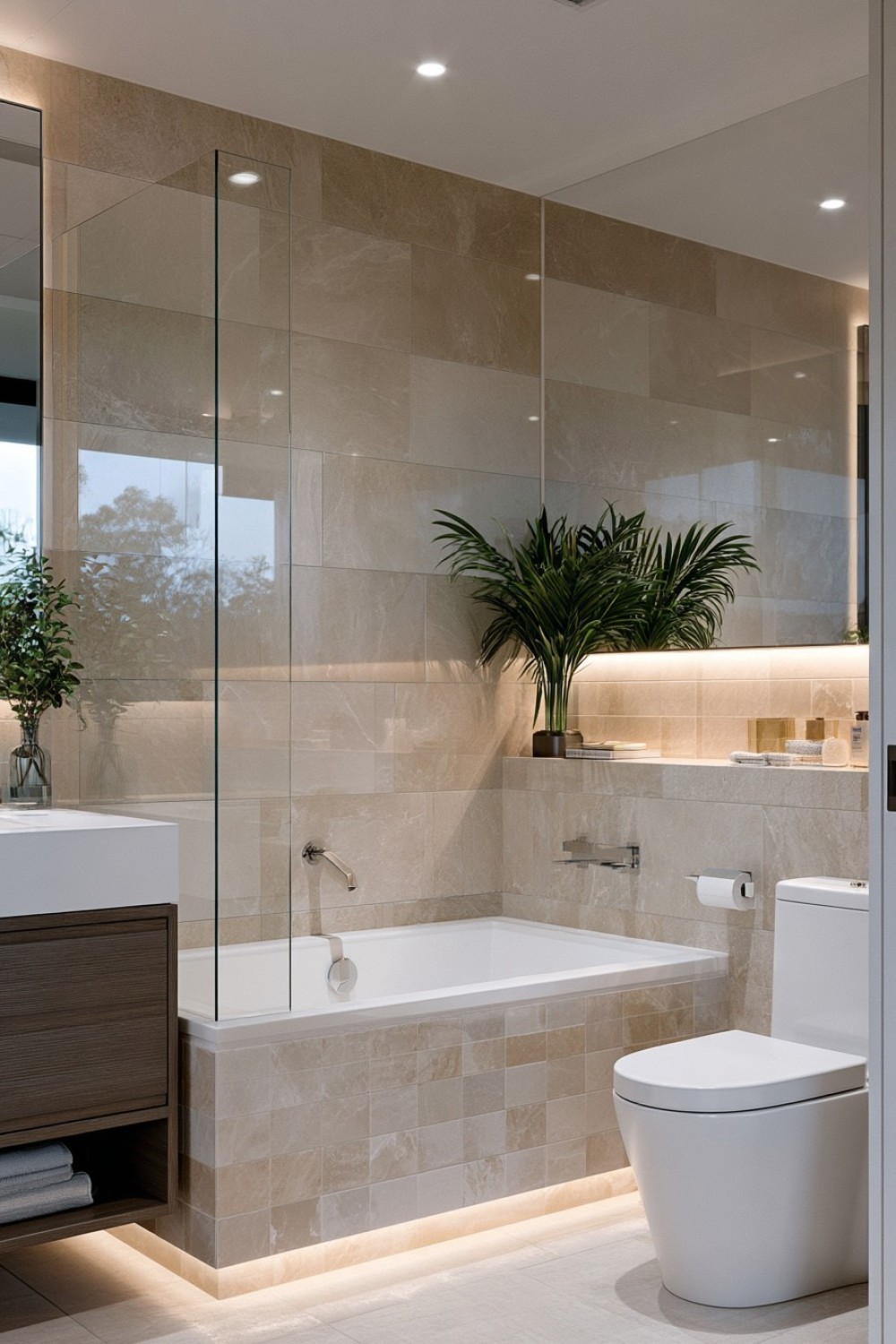 Compact bathtub with a tiled front in a small bathroom