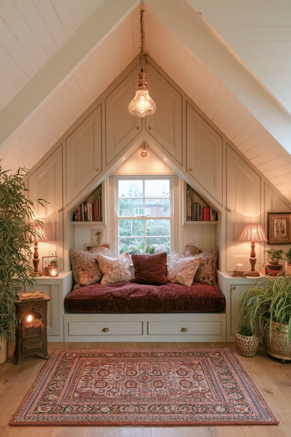 Reading nook positioned beside concealed attic storage