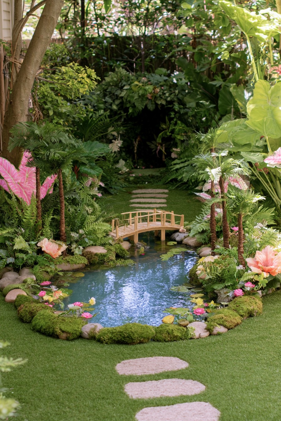 Small lagoon style tropical pond crossed by a miniature wooden bridge