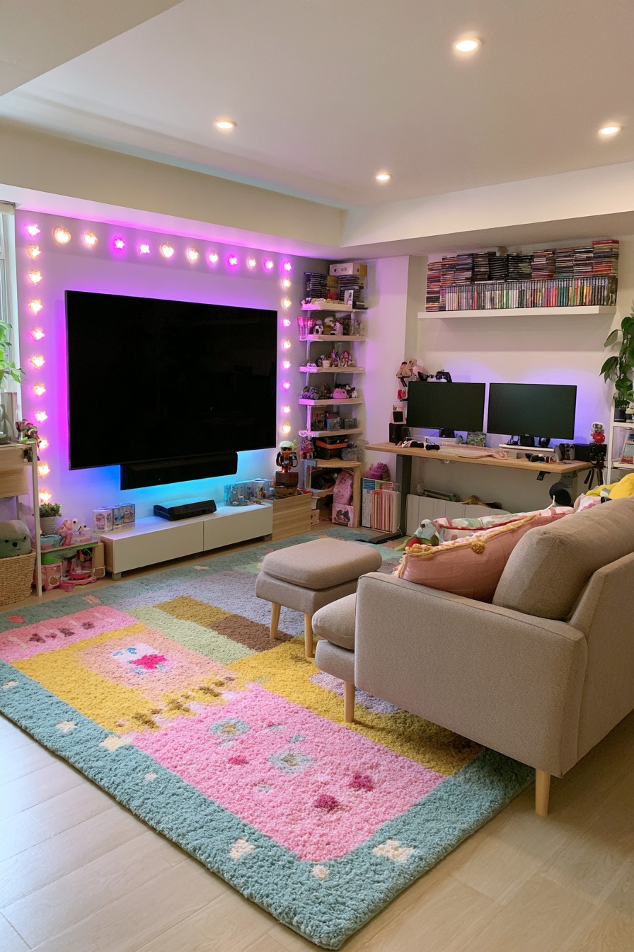 Compact room with a white television cabinet, two monitor desk, beige sofa, and a small ottoman